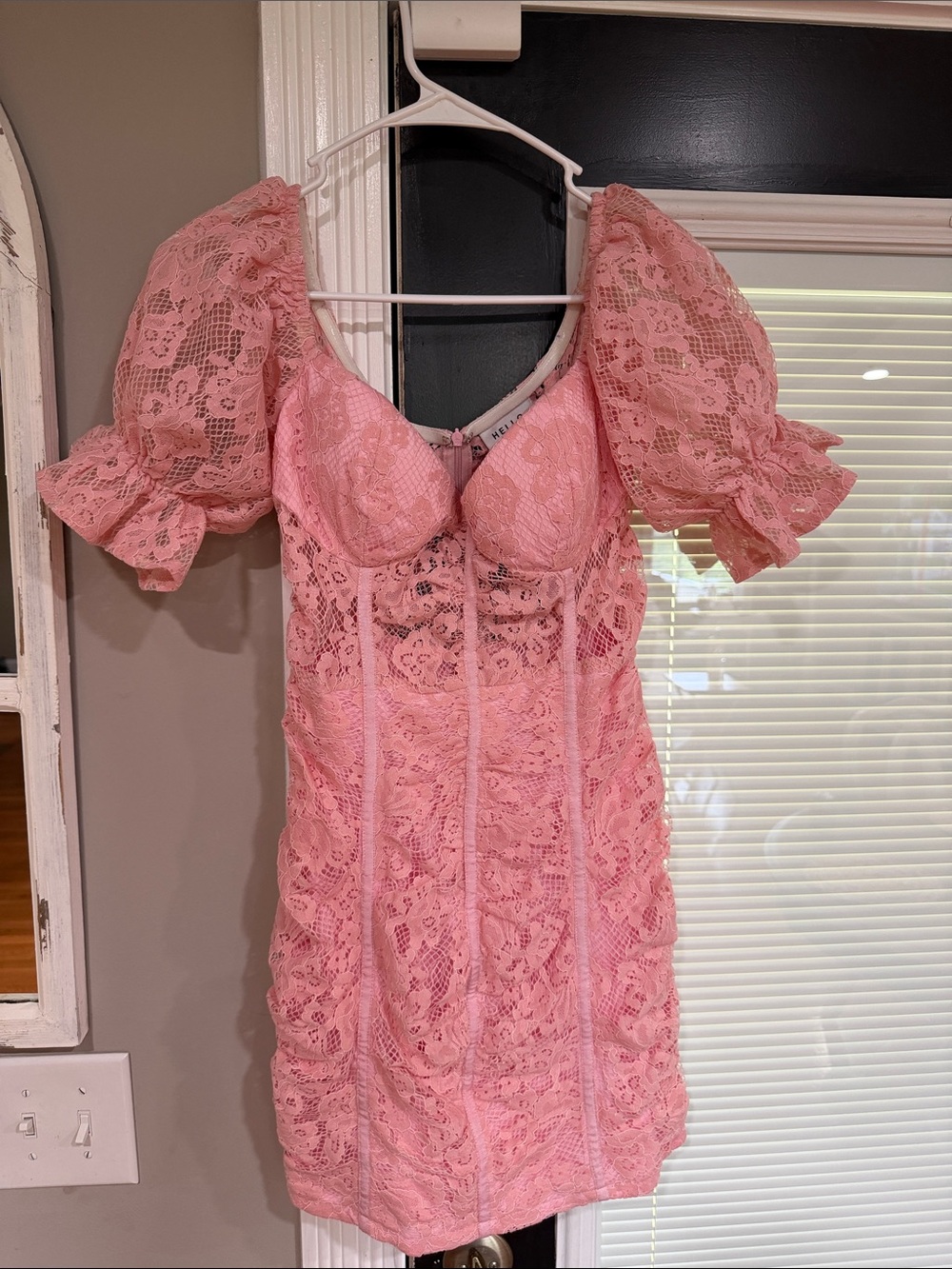Hello Molly Pink Lace Puff Sleeve Mini Dress